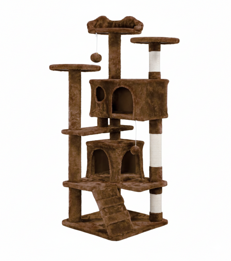 Brown 52-inch multi-level cat tree with sisal scratching posts, plush perches, hideaway dens, and ladder by PuriFelina.